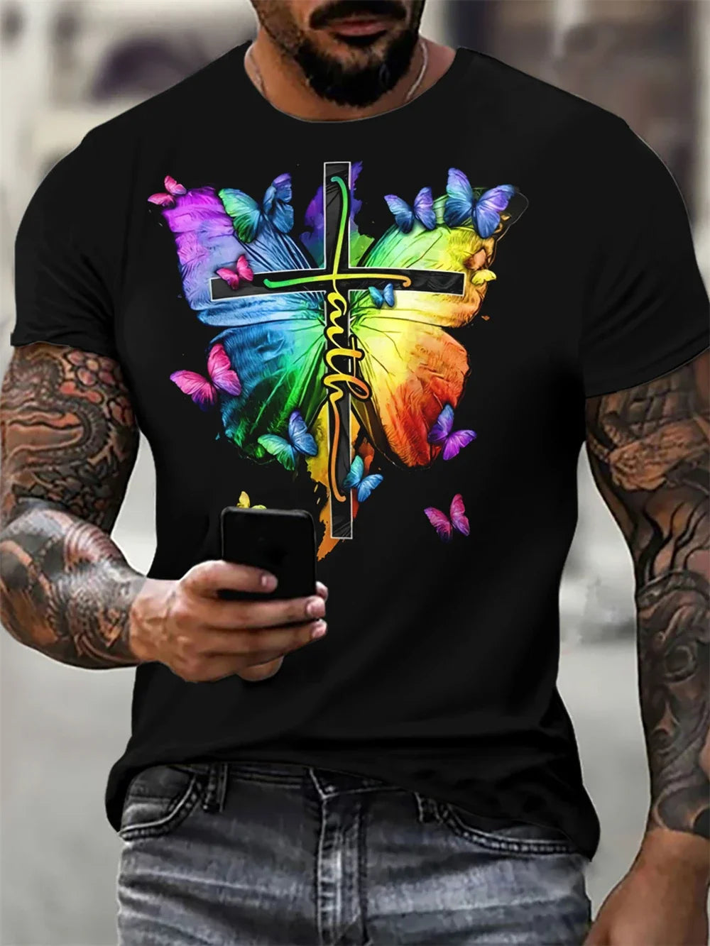 Christian Men's Clothing T-Shirt Gothic Jesus Christ Cross 3D Printed Round Neck Top Vintage Hip Hop Short Sleeve