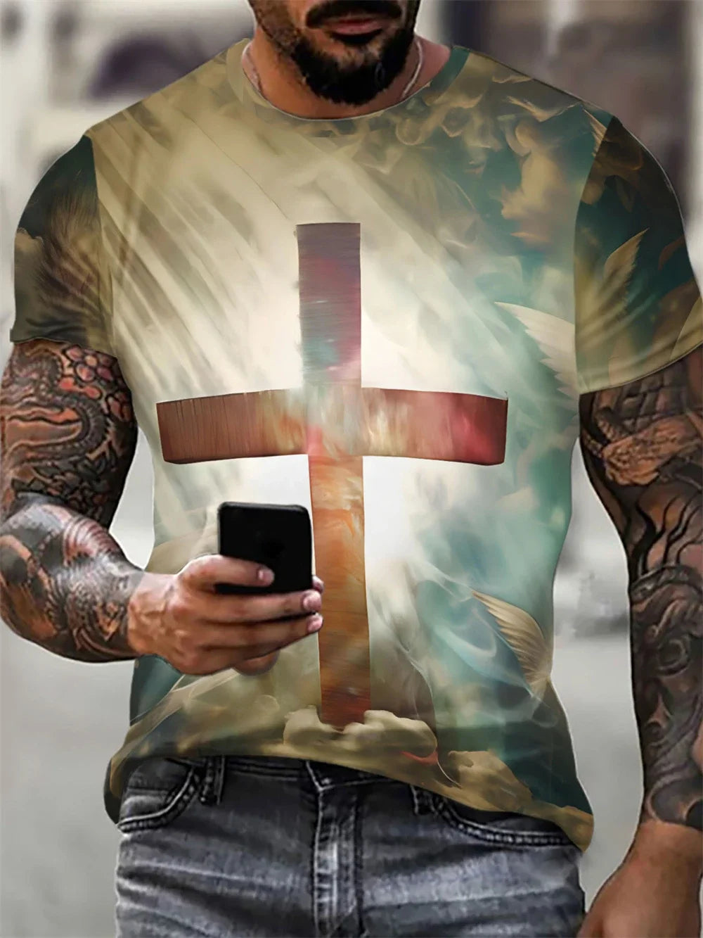 Christian Men's Clothing T-Shirt Gothic Jesus Christ Cross 3D Printed Round Neck Top Vintage Hip Hop Short Sleeve