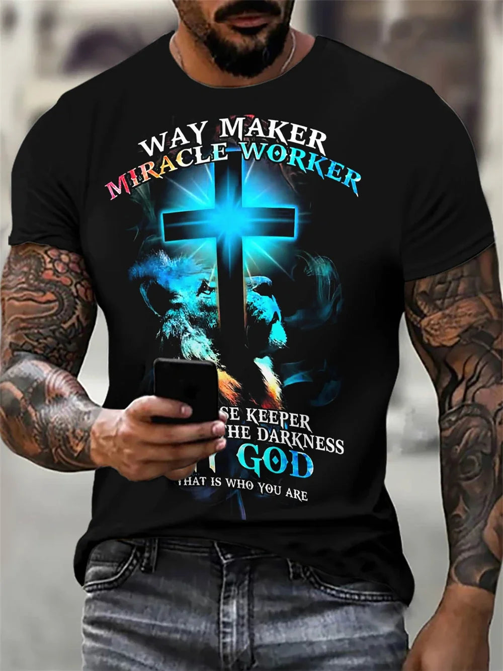 Christian Men's Clothing T-Shirt Gothic Jesus Christ Cross 3D Printed Round Neck Top Vintage Hip Hop Short Sleeve