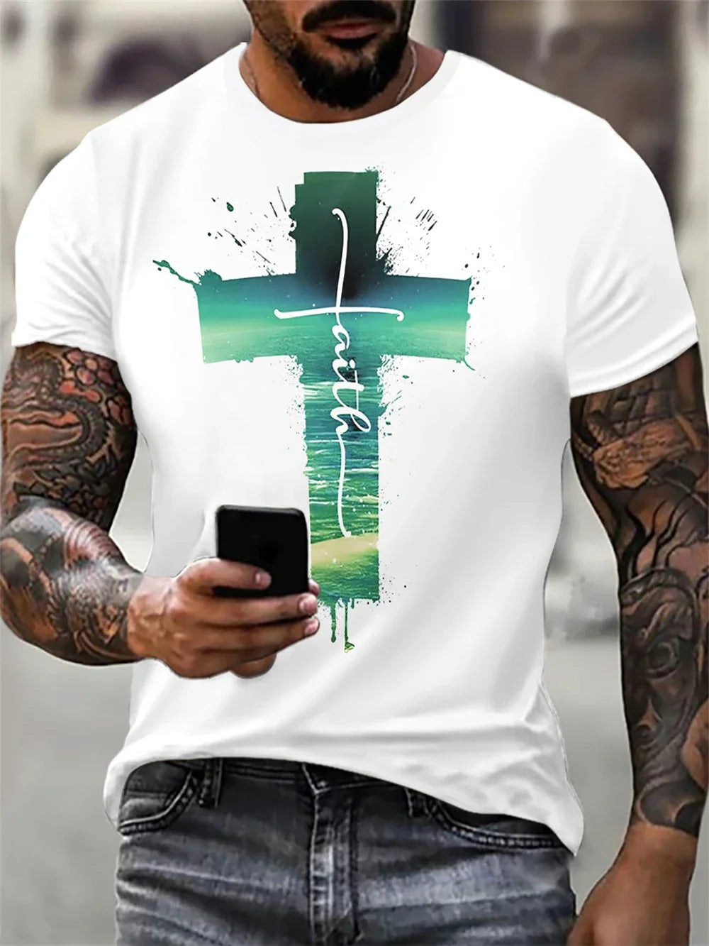 Christian Men's Clothing T-Shirt Gothic Jesus Christ Cross 3D Printed Round Neck Top Vintage Hip Hop Short Sleeve