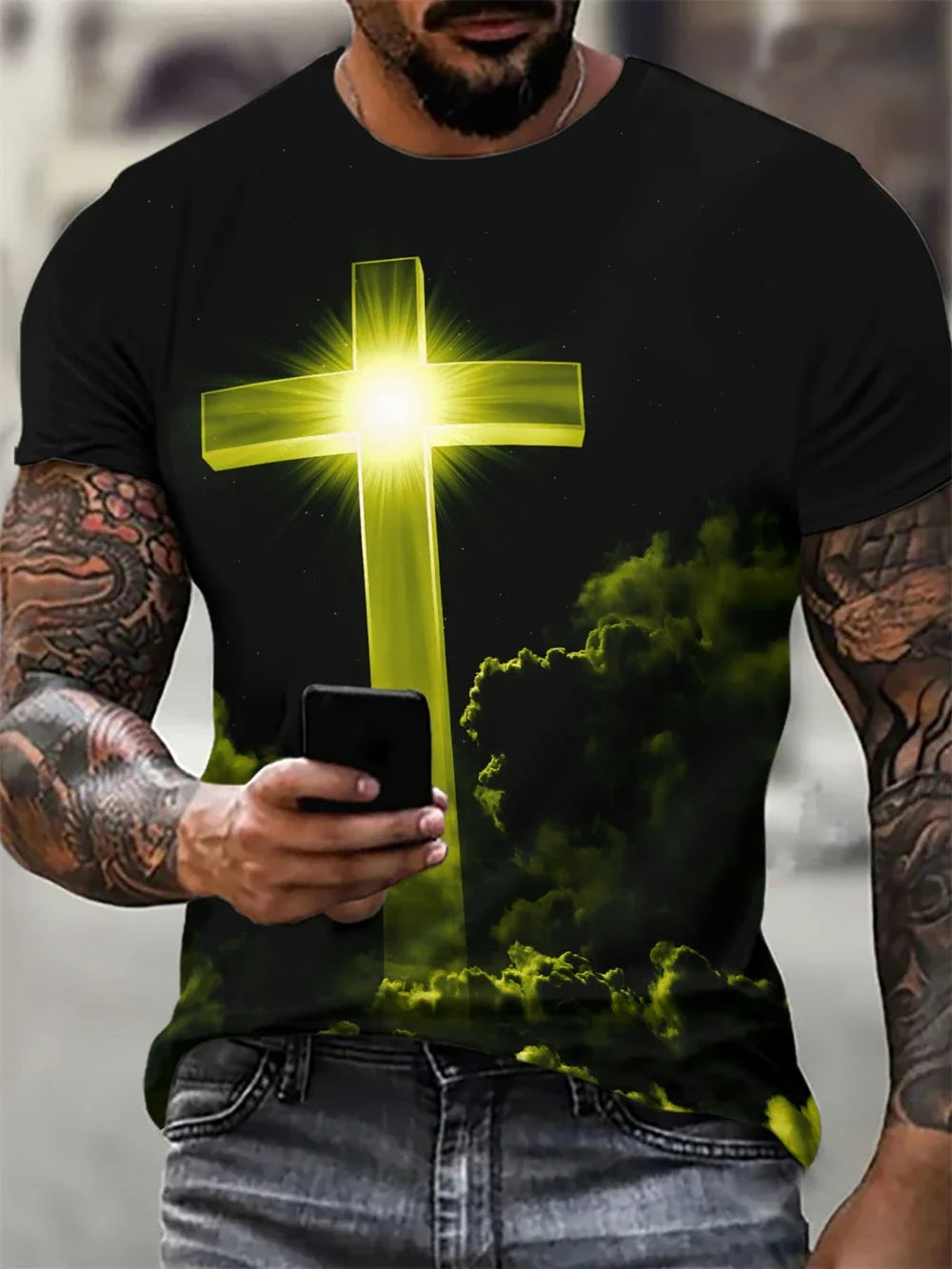Christian Men's Clothing T-Shirt Gothic Jesus Christ Cross 3D Printed Round Neck Top Vintage Hip Hop Short Sleeve