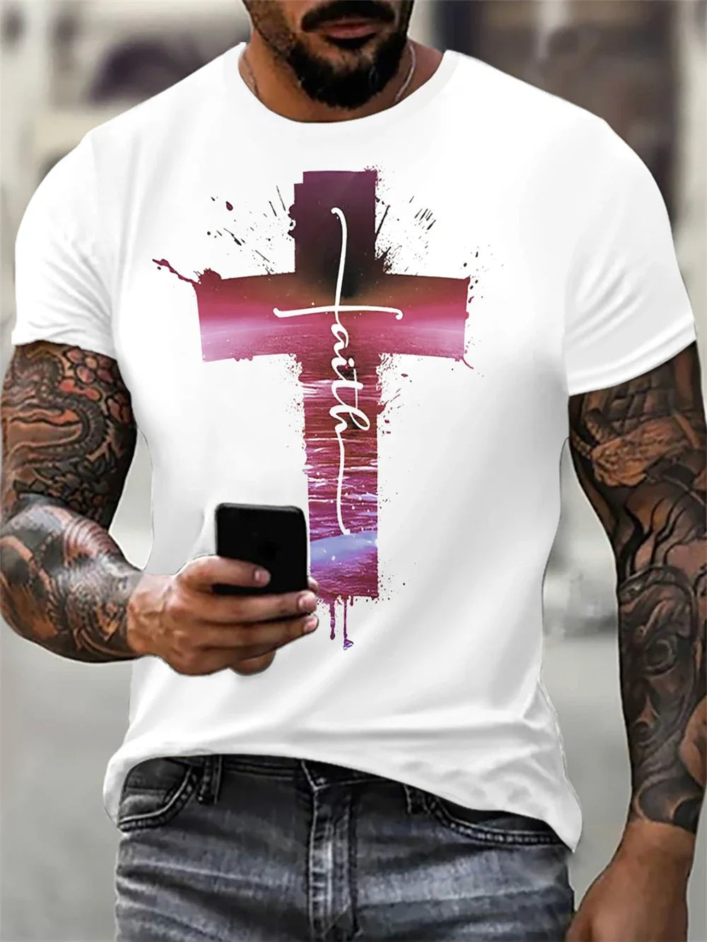 Christian Men's Clothing T-Shirt Gothic Jesus Christ Cross 3D Printed Round Neck Top Vintage Hip Hop Short Sleeve