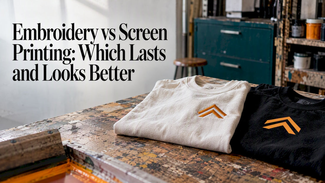 Raised embroidery beside a screen-printed garment