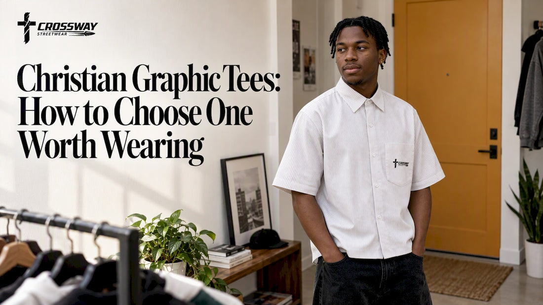 Christian graphic tee displayed in an entryway