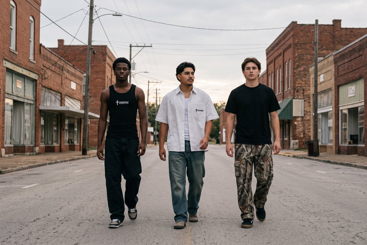 Three friends walking down a small-town street in Crossway tank, boxy shirt and camo cargo pants