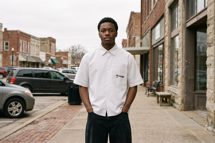Young man in the Crossway Jesus Is King boxy shirt on a brick sidewalk