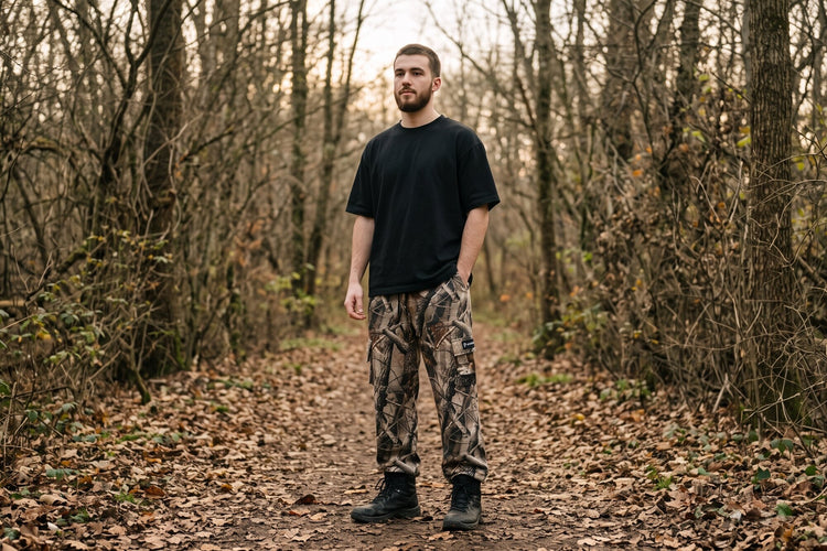 Young man on a wooded trail in Crossway Kingdom Camo cargo sweatpants