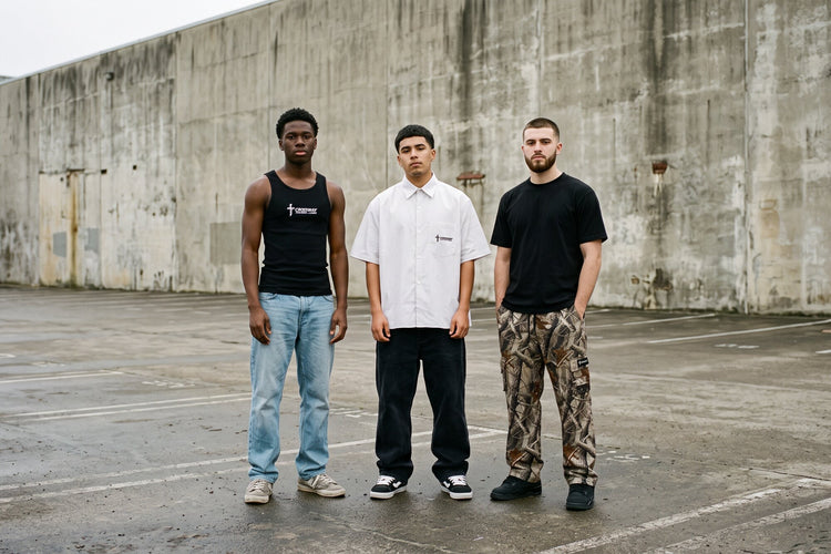 Three friends standing together in Crossway apparel
