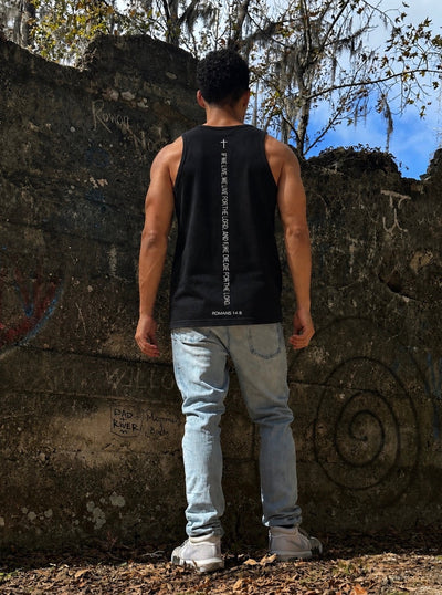 Romans 14:8 Tank worn from behind — scripture embroidered down the spine