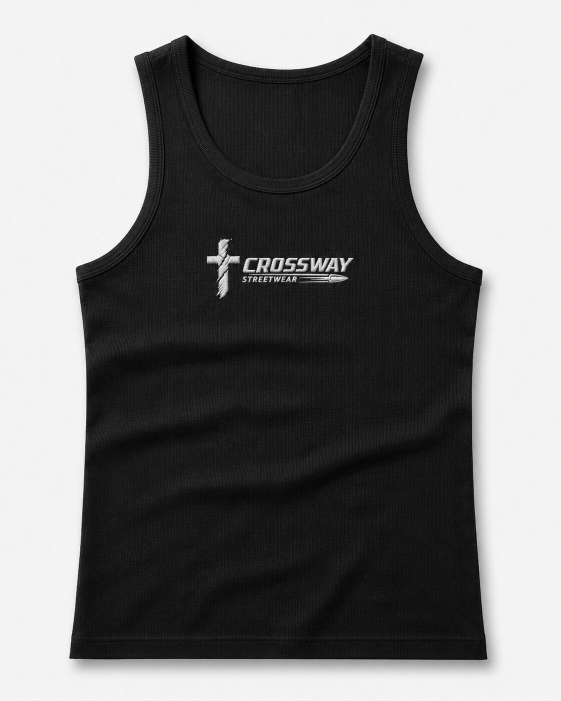Romans 14:8 Tank, front — ribbed black tank with Crossway chest embroidery