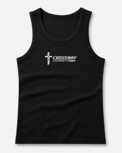 Romans 14:8 Tank, front — ribbed black tank with Crossway chest embroidery