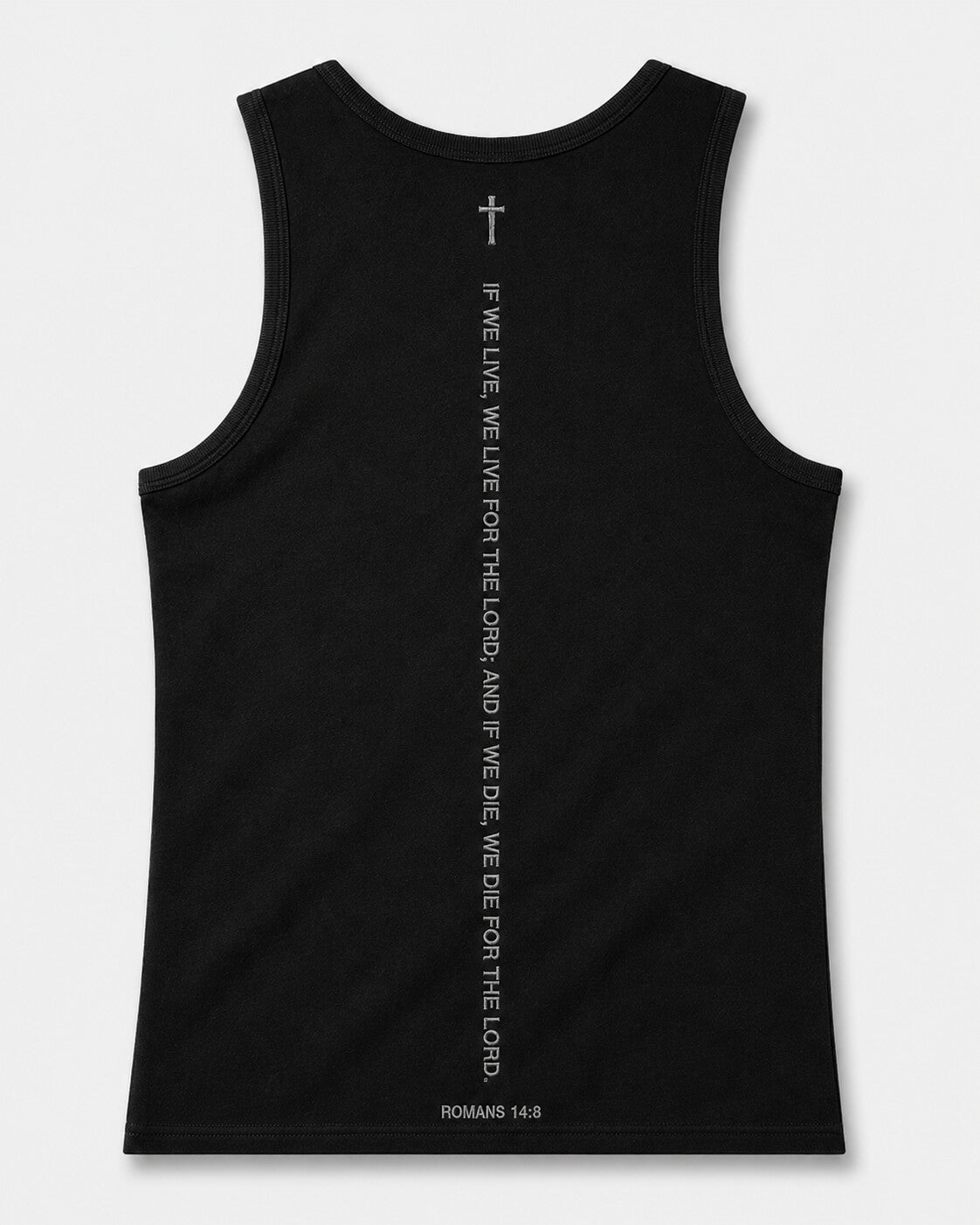 Romans 14:8 Tank, back — Romans 14:8 embroidered vertically down the spine