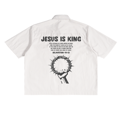 Jesus Is King Boxy Shirt, back — JESUS IS KING printed beneath a crown of thorns