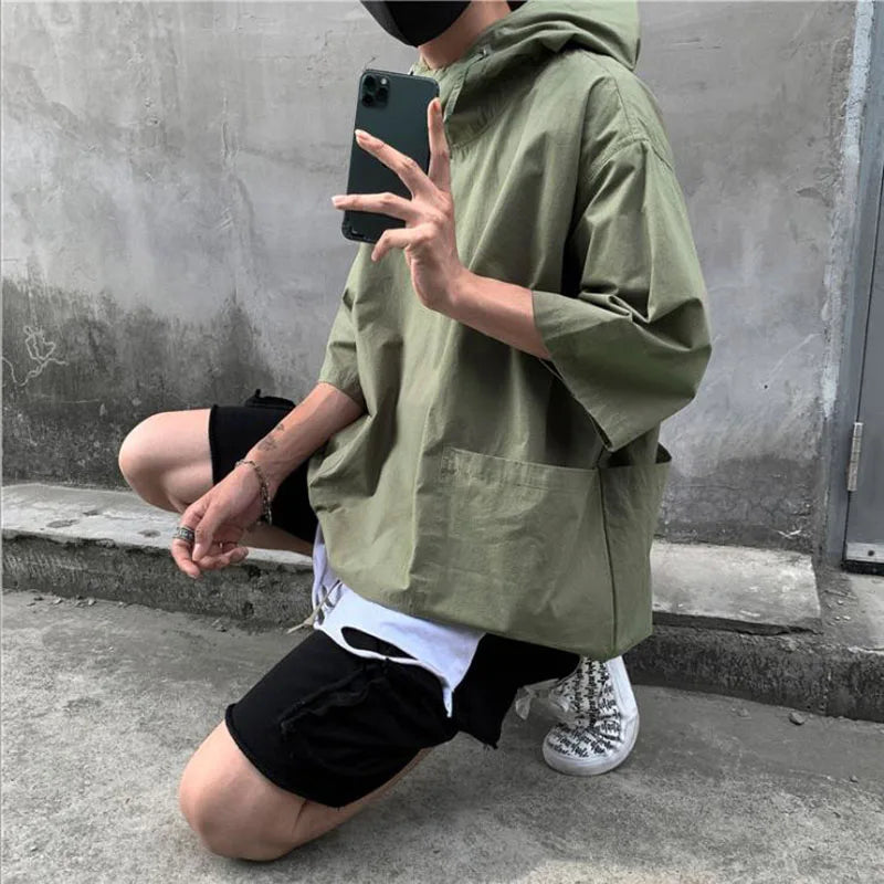 Men's T-shirt Hip Hop Streetwear Summer Harajuku Hooded T Shirt 2021Hombres Fashion Loose Half-sleeved Pullover