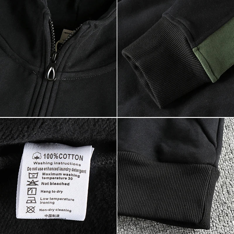 Color contrast patchwork design retro trend hoodie men plus fleece thickened winter casual half-neck coat