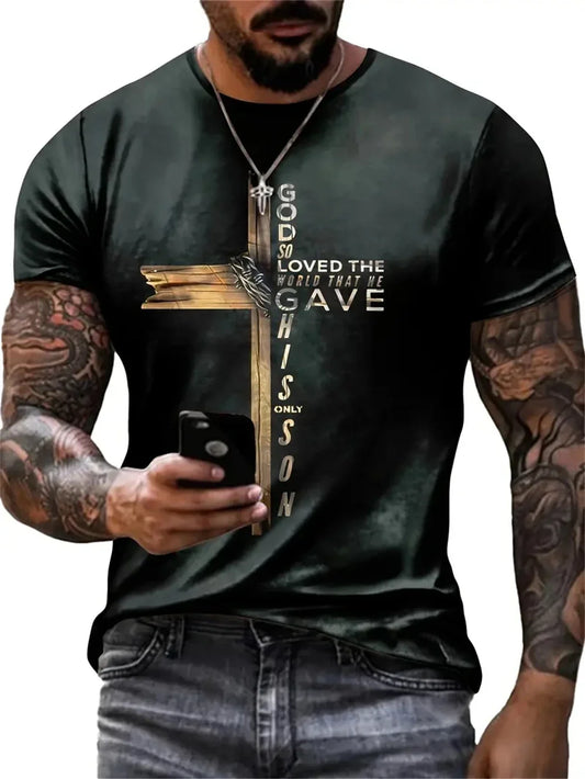 Christian Men's Clothing T-Shirt Gothic Jesus Christ Cross 3D Printed Round Neck Top Vintage Hip Hop Short Sleeve