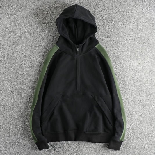 Color contrast patchwork design retro trend hoodie men plus fleece thickened winter casual half-neck coat