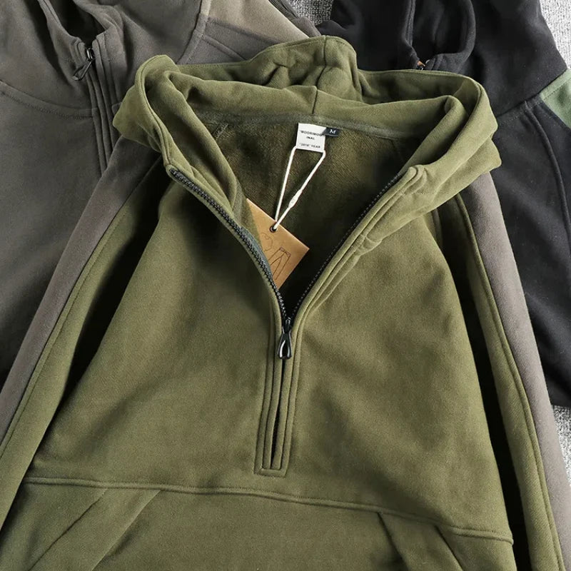 Color contrast patchwork design retro trend hoodie men plus fleece thickened winter casual half-neck coat