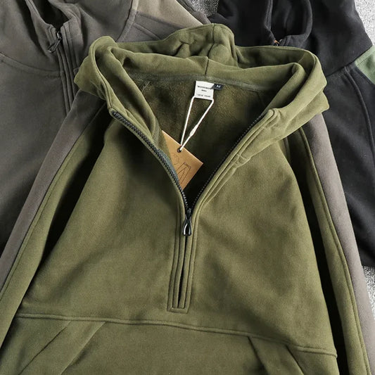 Color contrast patchwork design retro trend hoodie men plus fleece thickened winter casual half-neck coat