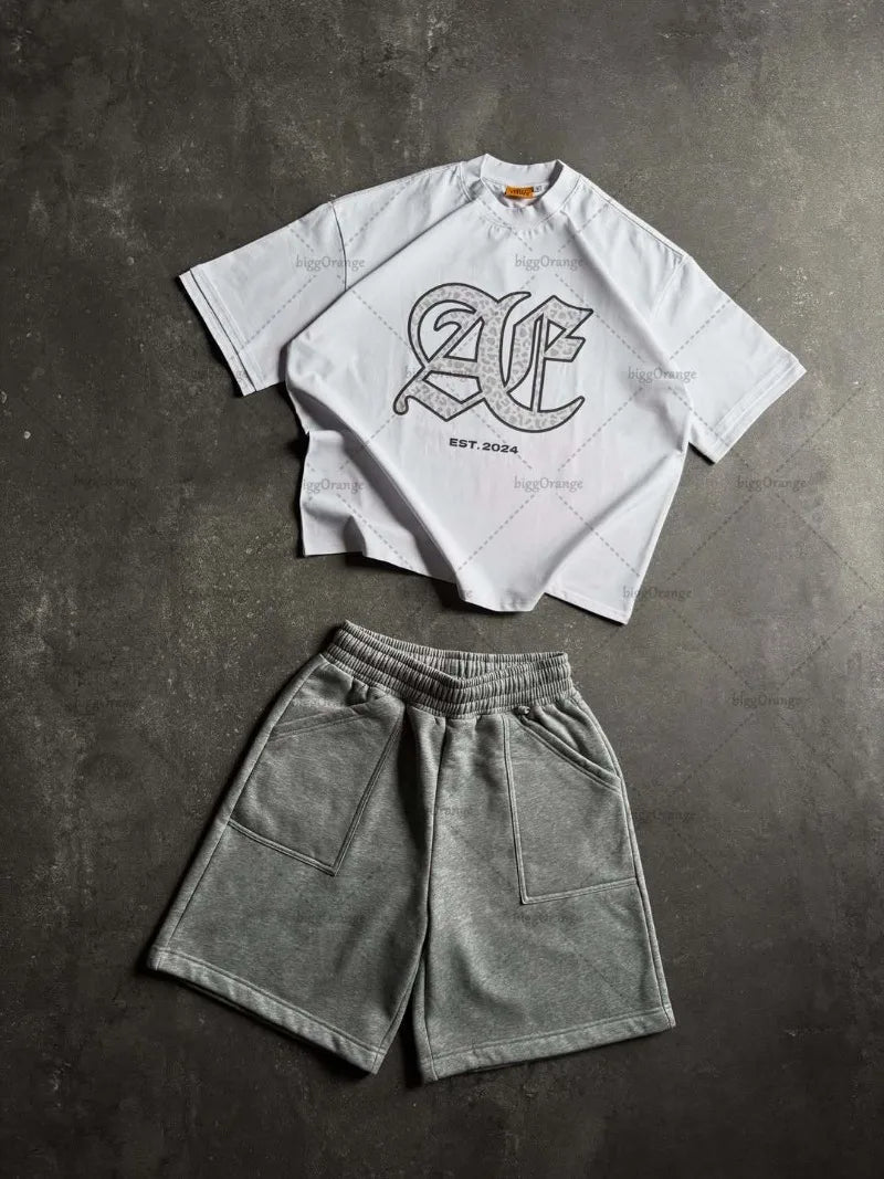 Retro Hip-hop Streetwear Harajuku Oversized Pure Cotton Round Neck Tshirt Men Summer Casual Fashion Loose Sports Shorts Women