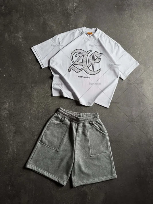 Retro Hip-hop Streetwear Harajuku Oversized Pure Cotton Round Neck Tshirt Men Summer Casual Fashion Loose Sports Shorts Women