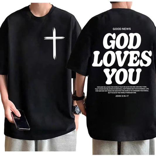 Christian Jesus Church T-shirt Bible Verse God Loves You Print T-shirts Fashion Aesthetic Oversized T Shirts Unisex Streetwear