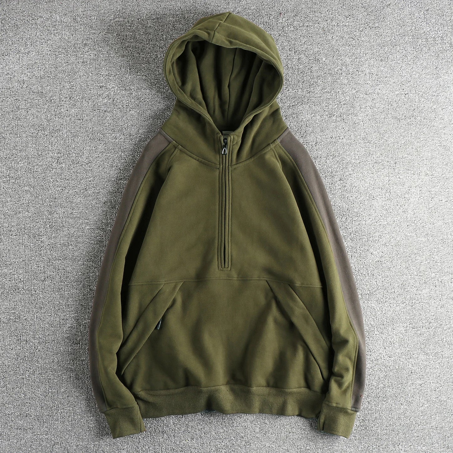 Color contrast patchwork design retro trend hoodie men plus fleece thickened winter casual half-neck coat