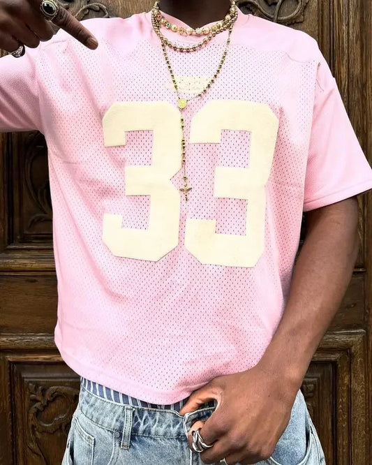 Streetwear Football Sports Pink Oversized Jersey Gothic Harajuku Number 33 Graphic Puff Print T Shirt New Fashion Tops Men Women