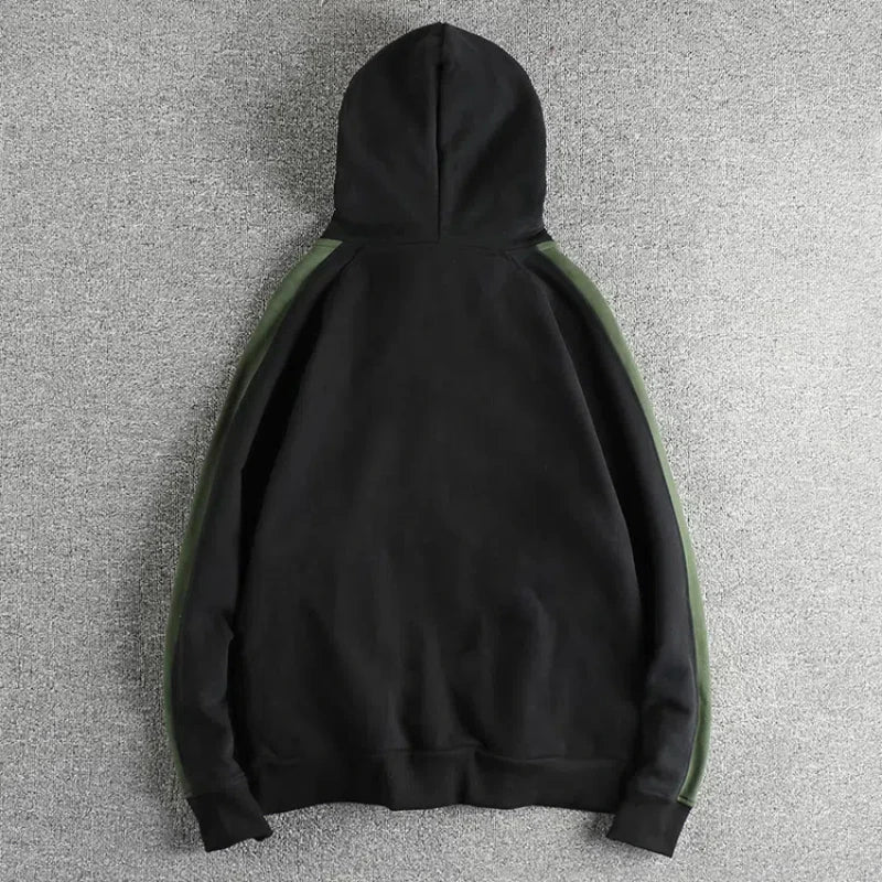 Color contrast patchwork design retro trend hoodie men plus fleece thickened winter casual half-neck coat