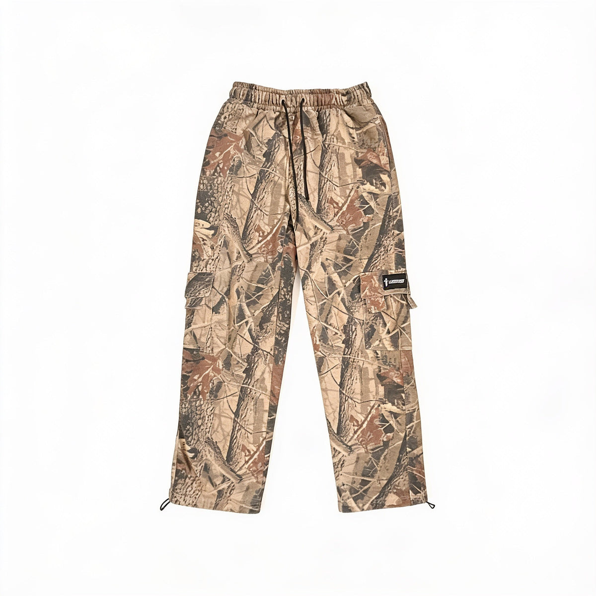 Crossway camo cargo sweatpants laid flat — realtree camo, drawstring waist, flap cargo pockets