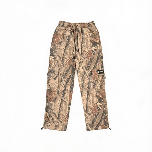 Crossway camo cargo sweatpants laid flat — realtree camo, drawstring waist, flap cargo pockets
