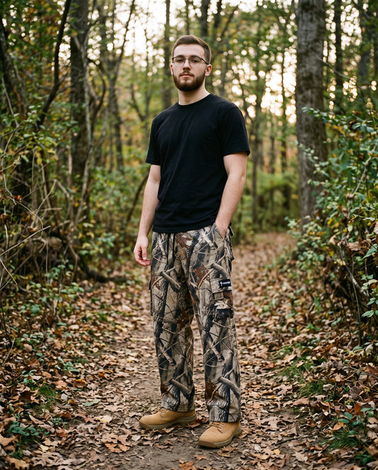 Young man in Crossway Kingdom Camo cargo sweatpants on a wooded trail