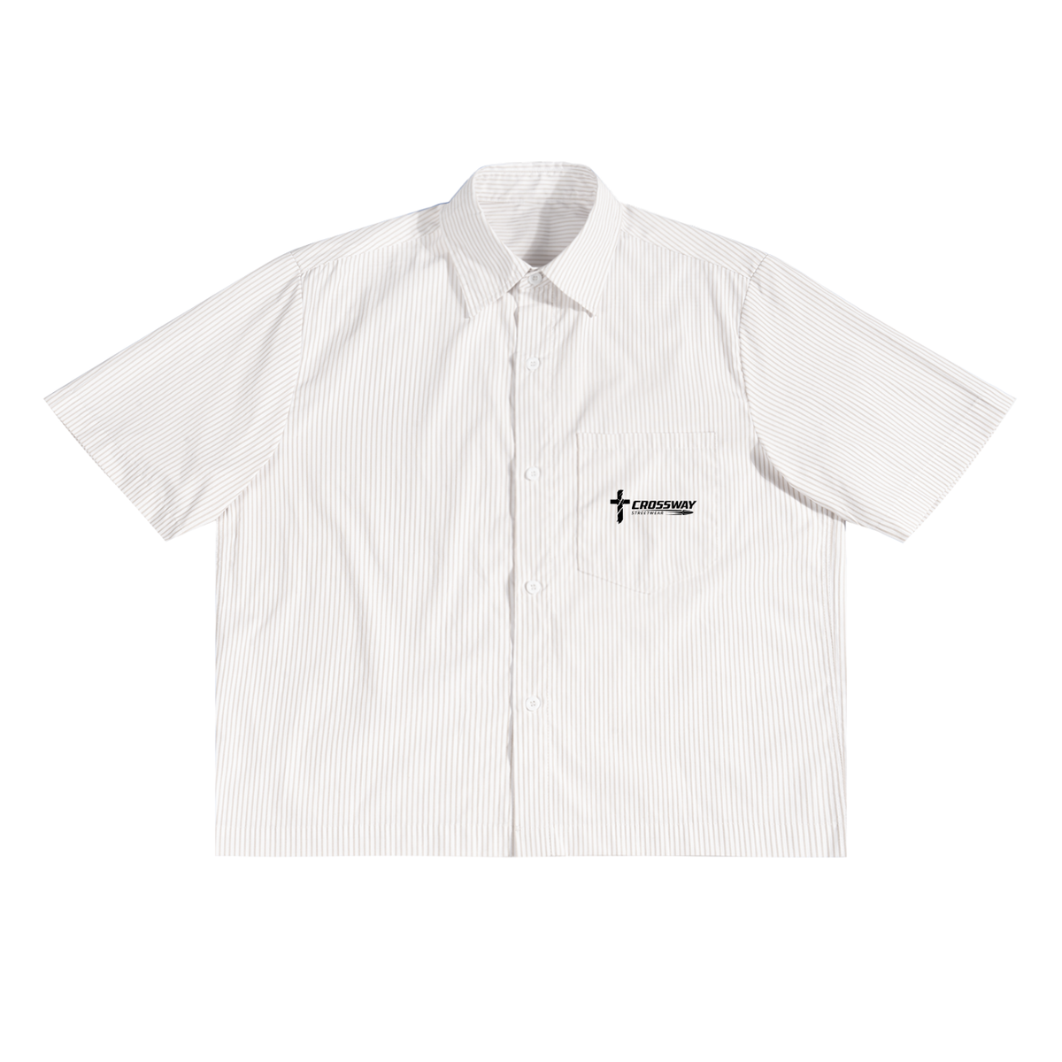 Jesus Is King Boxy Shirt, front — vertical stripe camp shirt with Crossway mark on the chest pocket