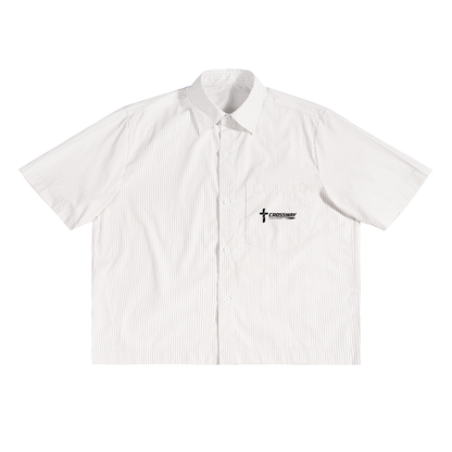 Jesus Is King Boxy Shirt, front — vertical stripe camp shirt with Crossway mark on the chest pocket
